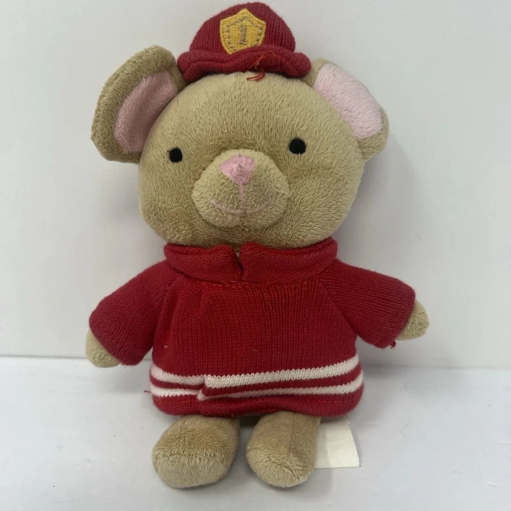 Gymboree Fireman Mouse Plush One Size Tan Red Rattle Stuffed Animal Lovey Toy